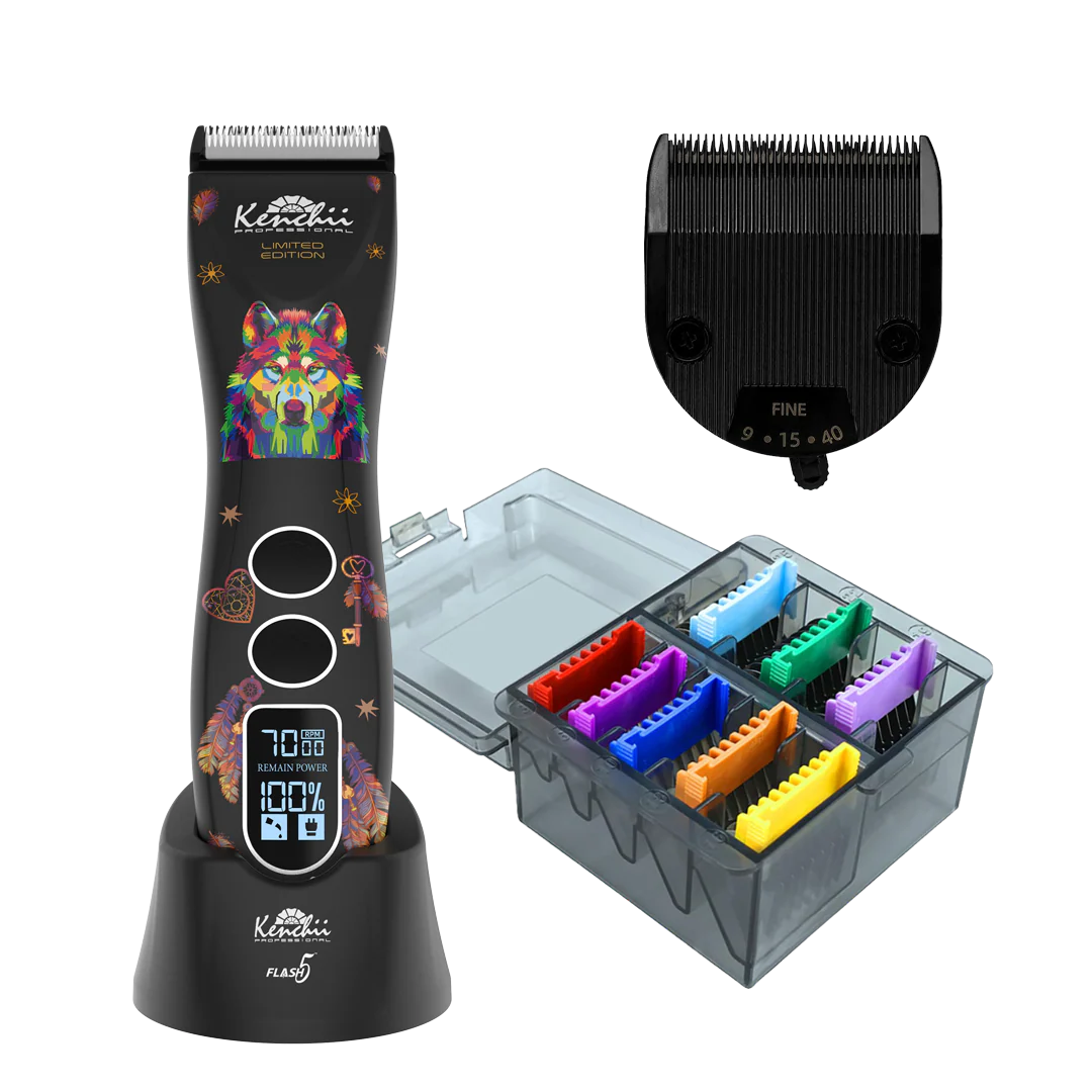 Flash5 Wolf Matte Black 5-in-1 Cordless Clipper with Comb Set and Detailer Blade by Kenchii